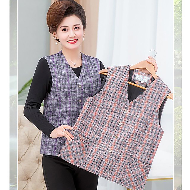 Spring and Autumn Thin Plaid Vest for Middle-Aged Women, Loose-Fitting Mother's Vest, Short Cardigan for Elderly, Large Size Vest