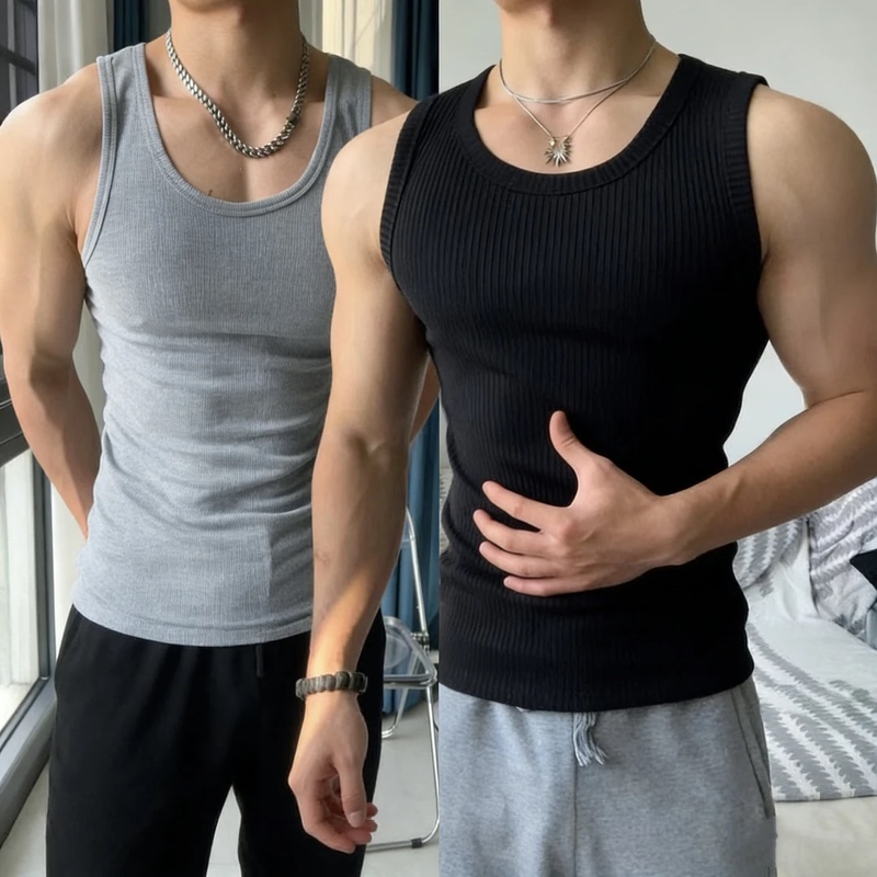 American-Style Heavyweight Ribbed Tank Top for Men, Summer Base Layer Sleeveless Vest, Slim Fit, Elastic Fitness Sports Undershirt