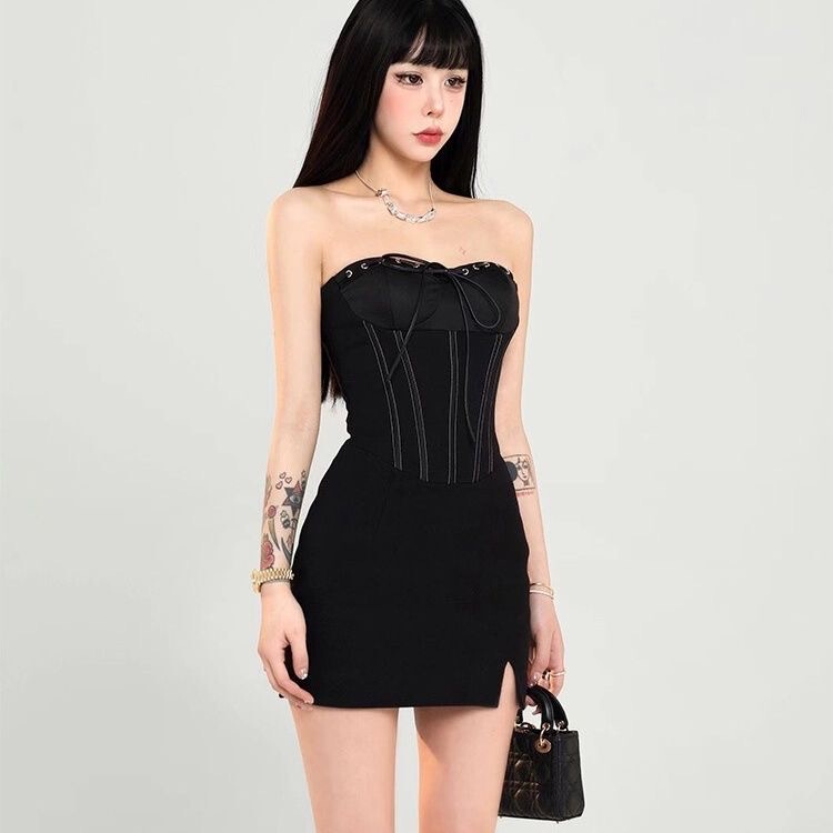 Spicy Girl Fishbone Tube Top Dress, Feminine Black Inner Wear, Bodycon Short Skirt, Waist-Cinching, Tight-Fitting, Pure Desire Slim-Fit Dress