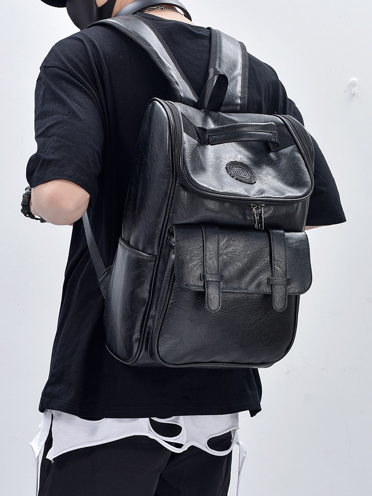 Backpack Men's Retro Casual Backpack Boys' Trendy Pu Leather Travel Bag College Student High School Student School Bag Computer Bag