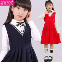 Girls long sleeve dress spring and autumn childrens knitted skirt small princess dress female child College Wind dress fake two-piece set