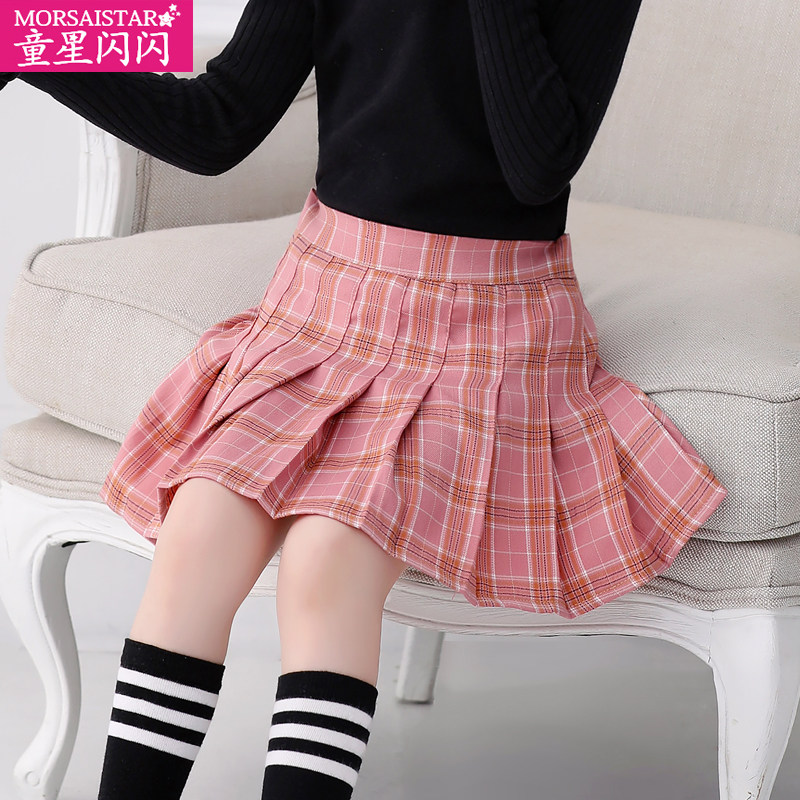 Girl's half-body dress pink plaid plexeme skirt Children's autumn Winter Short skirts Academy wind CUHK Children's spring dress new