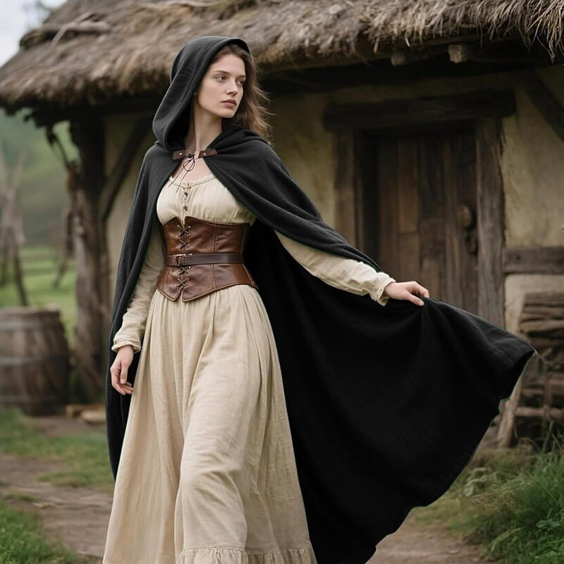 Medieval Black Hooded Cloak for Women, Halloween Cape, Long Stage Costume, Hobbit Cosplay Cape