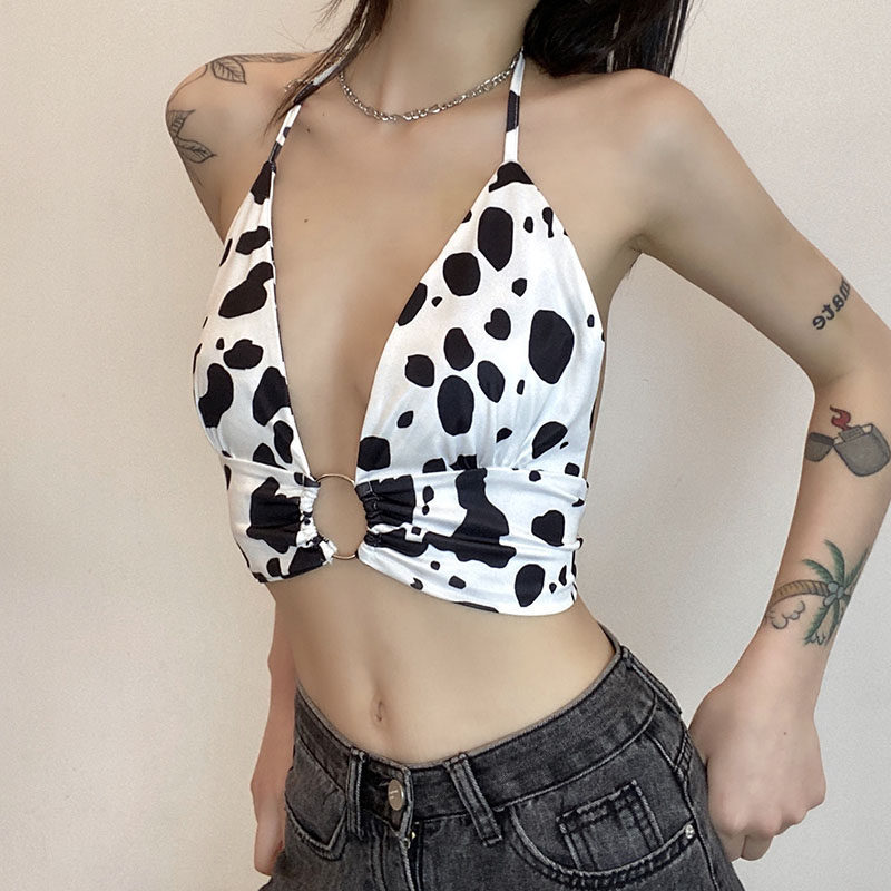 Just Dance Sweet and Spicy Sexy Cow Print Deep V Strap Halter Short Tank Top for Women ins Slim Fit Off-Shoulder Top Just Dance Sweet and Spicy Sexy Cow Print Deep V Strap Halter Short Tank Top for Women ins Slim Fit Off-Shoulder Top