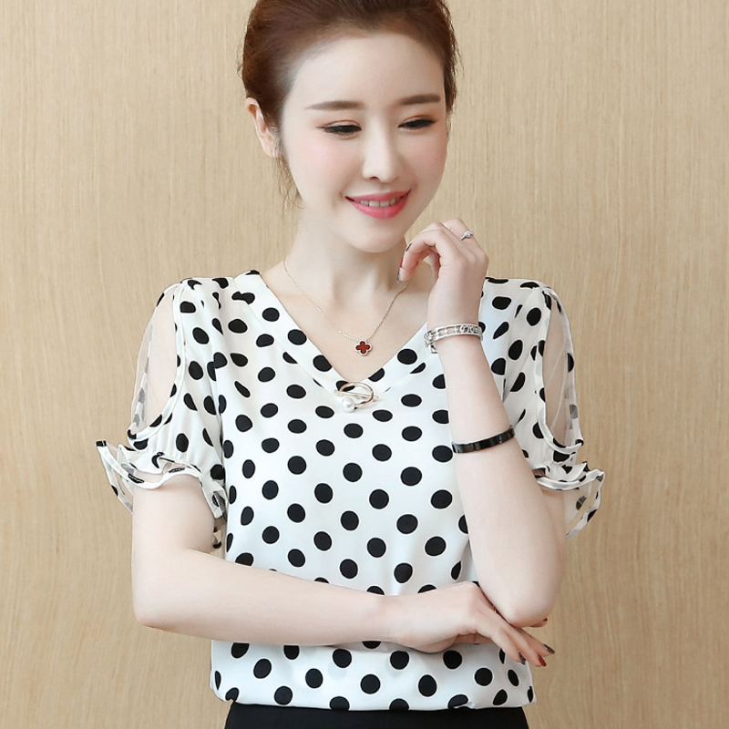 Fashion suit women summer 2022 new short sleeve mesh yarn shoulder wave spot snow spinning shirt piece two sets