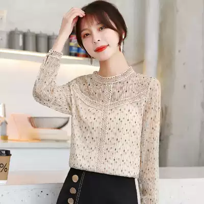 Wooden ear long sleeve lace polo point chiffon shirt female early spring 2021 New Korean version design sense niche shirt top