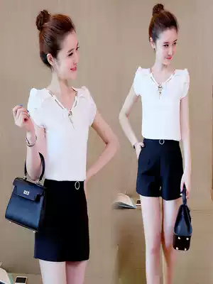 Fashion set 2021 summer New temperament Joker short sleeve chiffon shirt female hipster foreign school look thin two-piece set