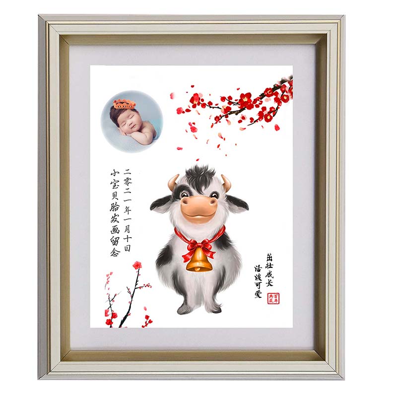 2021 Cow Baby Fetal Hair Souvenir Fetal Hair Painting Custom Newborn Baby 100 Days Full Moon Gift