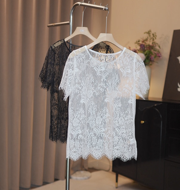 【Lace Short Sleeve】Lace Blouse for Women with Round Neck, Lace Trim, and Lace Top