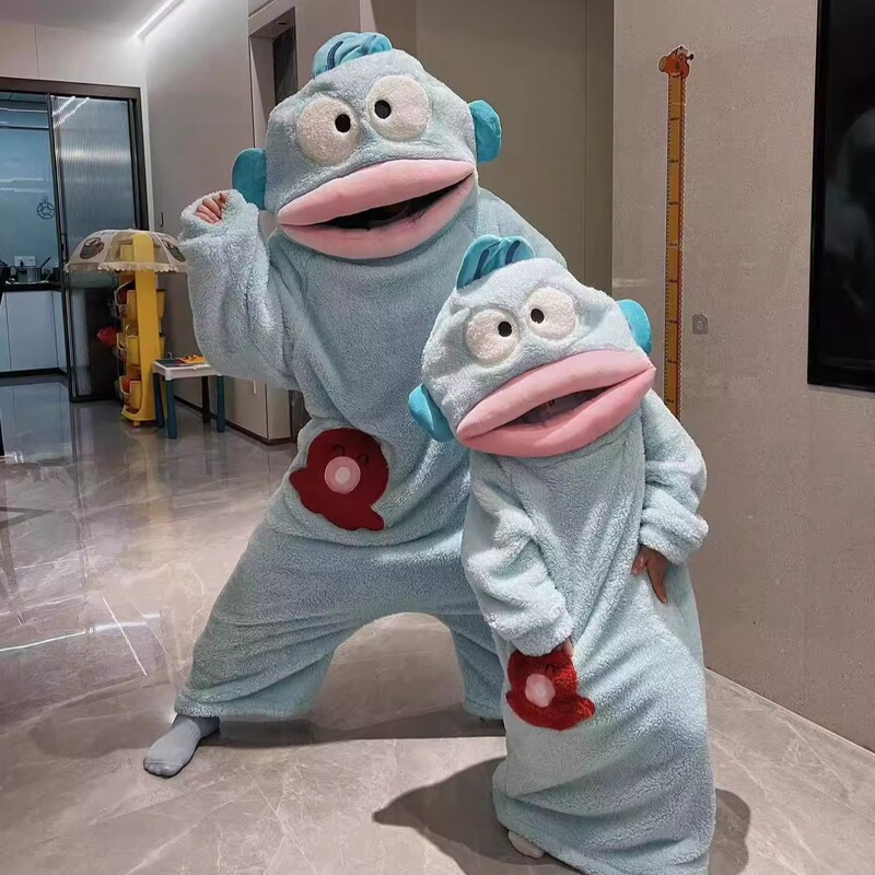 Clownfish Children's Pajamas for Girls, Winter Coral Fleece Thickened Couple Cartoon Big-Mouth Fish Funny Parent-Child One-Piece Sleepwear