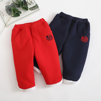 New Years clothing mens and womens baby cotton trousers for infants and young children wearing cotton and thickening 0-3 years old warm red childrens pants winter 2