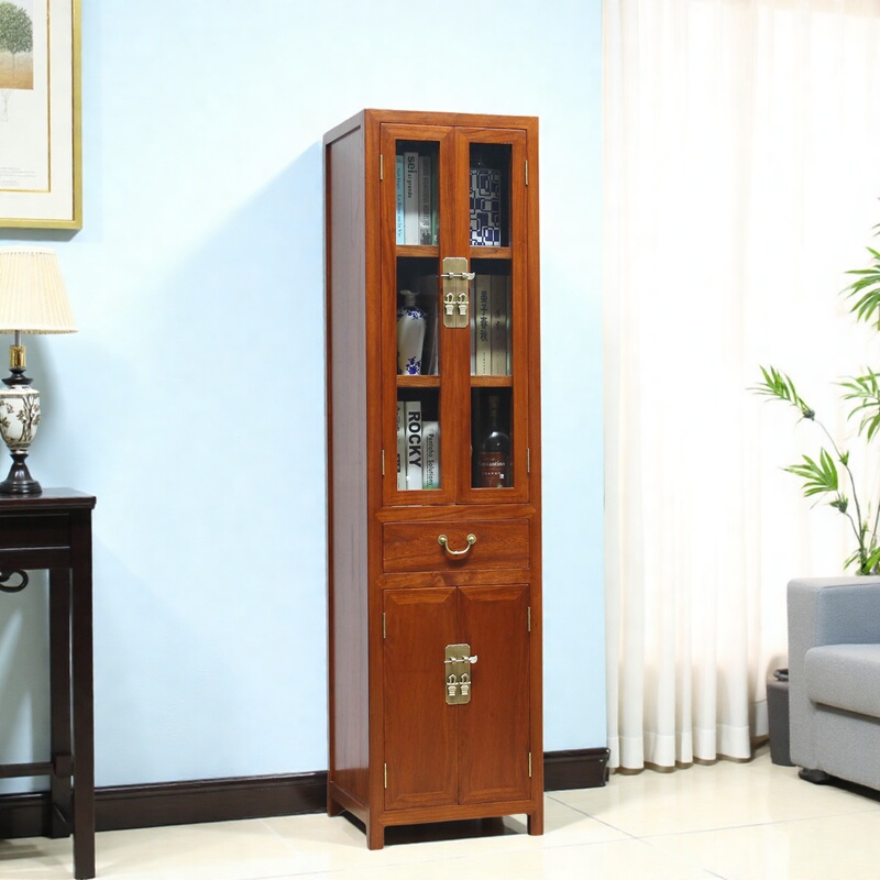 New Chinese-Style Elm Wood Bookcase, Small Size, Glass Door, Solid Wood Display Cabinet, Study Room Decoration, Narrow Cabinet, Living Room Corner Cabinet