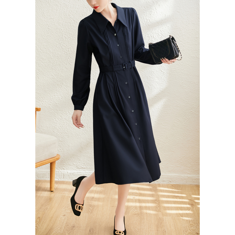 Bluebird Gentle Cotton Feel Three-Dimensional Pleated Shirt Dress for Women Autumn High Waist A-Line Slimming Long Sleeve Dress 2025