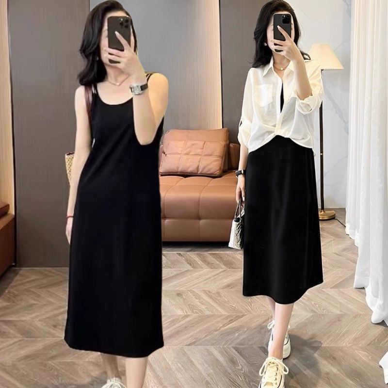 Summer Korean Style High-End Long-Sleeved Belly-Covering Sun Protection Shirt Paired with Black Slimming Shoulder-Strap Long Dress for Women