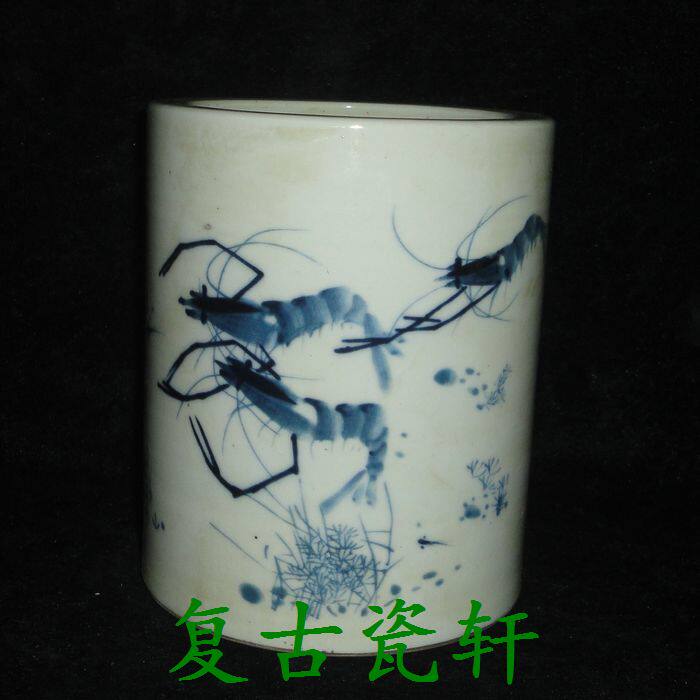 Jingdezhen factory goods porcelain firewood kiln fired green flowers (shrimp anecdote) pen holder pen bucket Jiangxi porcelain industry company