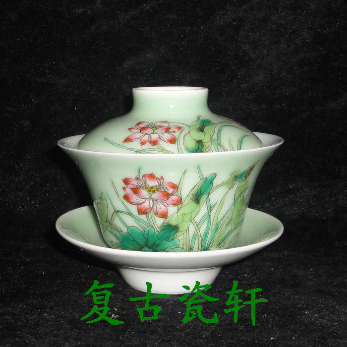 Jingdezhen Cultural Revolution Factory goods porcelain monochrome glaze pastel hand-painted lotus (lotus pond Qingyun) cover bowl tea cover cup