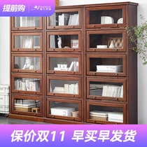 Solid wood bookcase with glass door light luxury bookcase whole wall American floor-to-ceiling study bookshelf flip dust display cabinet