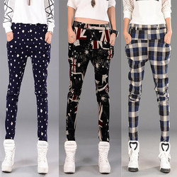 Mid-waist 2024 summer style elastic waist harem pants women's plaid printed casual pants loose large size slimming petite pants