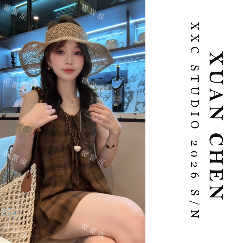 Xuanxuanchen [Slide Show] Summer New Style Plaid Lace-Up Sleeveless Shirt, Trendy Fashion Brand Women's Clothing 6135