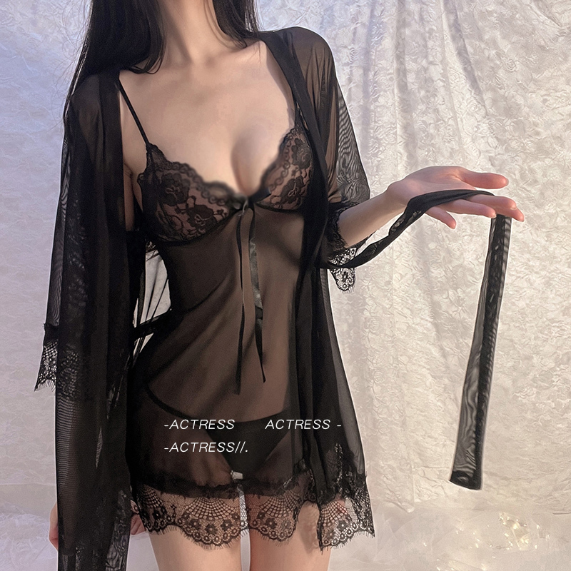 Actress Sexy Pajamas Women's Lace Suspender Nightgown Summer New Thin Gauze Pure Desire Nightgown Two-Piece Set