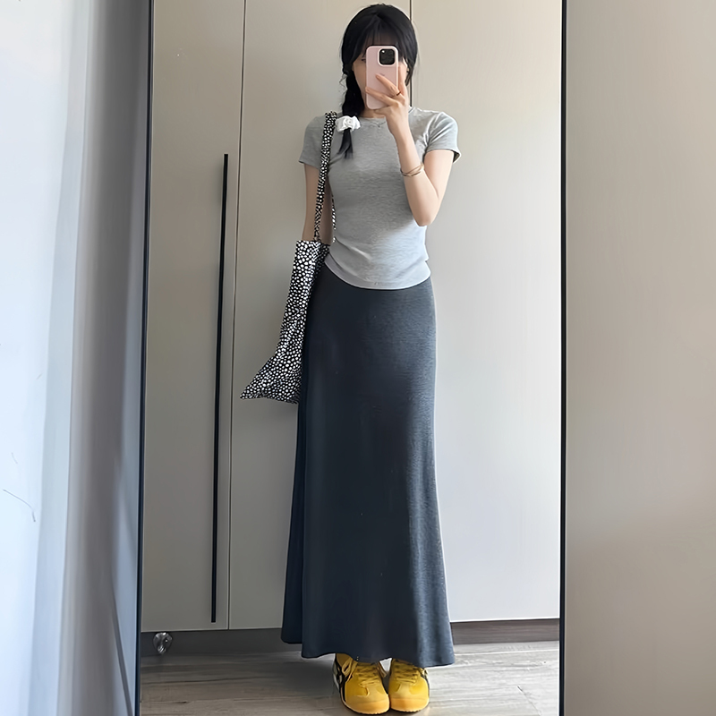 Dark Gray Draped Long Skirt, Summer 2026 New Style, Ankle-Length Skirt, Casual High-Waisted Slimming Hip-Hugging Long Skirt Dark Gray Draped Long Skirt, Summer 2026 New Style, Ankle-Length Skirt, Casual High-Waisted Slimming Hip-Hugging Long Skirt