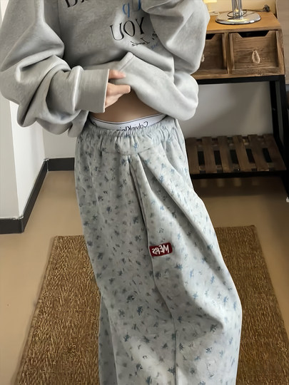 Geblümte Jogginghose für Damen im Herbst und Winter 2025, neue hoch taillierte, lockere Hose mit weitem Bein, lässige amerikanische graue Jogginghose