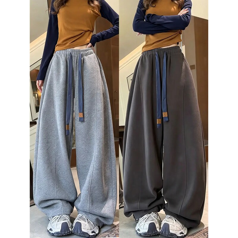 American-Style Color-Block Drawstring Jogger Pants for Women, Autumn 2026 New Model, Relaxed Slim-Fit Casual High-Waisted Wide-Leg Sweatpants American-Style Color-Block Drawstring Jogger Pants for Women, Autumn 2026 New Model, Relaxed Slim-Fit Casual High-Waisted Wide-Leg Sweatpants