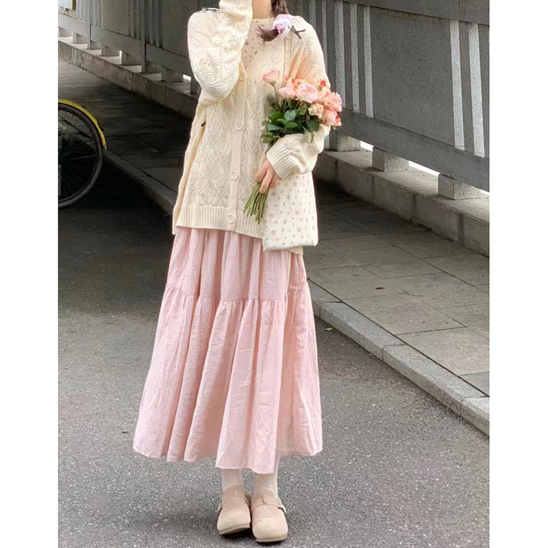 Pink Skirt for Women, Summer 2026 New Style, Gentle Style, High-Waisted A-Line Long Skirt, Slimming, Petite, Tiered Skirt