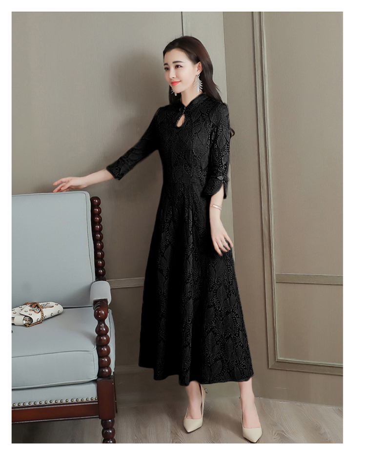 DABI 復古風優雅修身收腰蕾絲長裙改良旗袍七分長袖洋裝