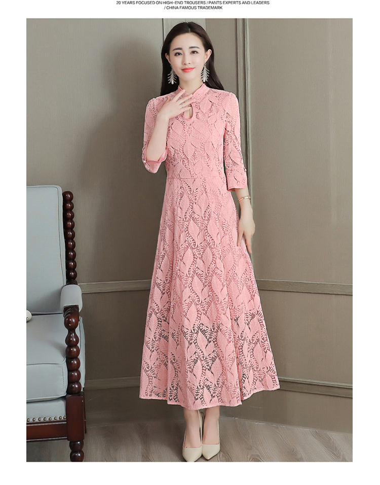 DABI 復古風優雅修身收腰蕾絲長裙改良旗袍七分長袖洋裝