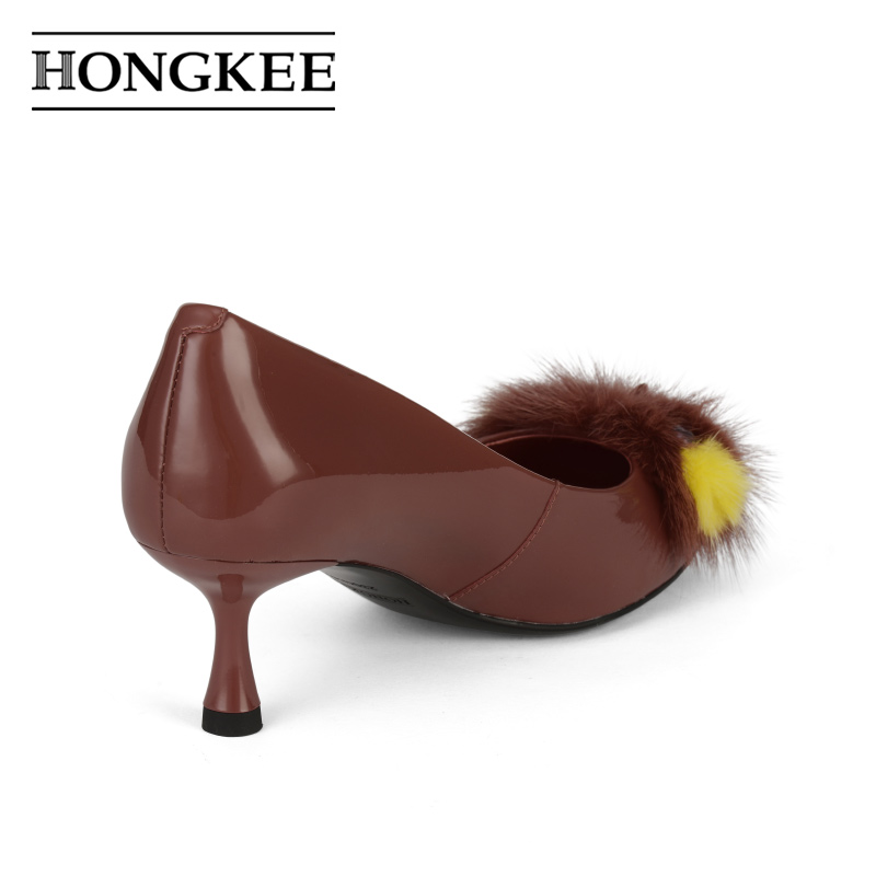 Hongkee/红科 women's single shoes small high-heeled cow leather patent pointed shallow shoes 2018 autumn new H038S304
