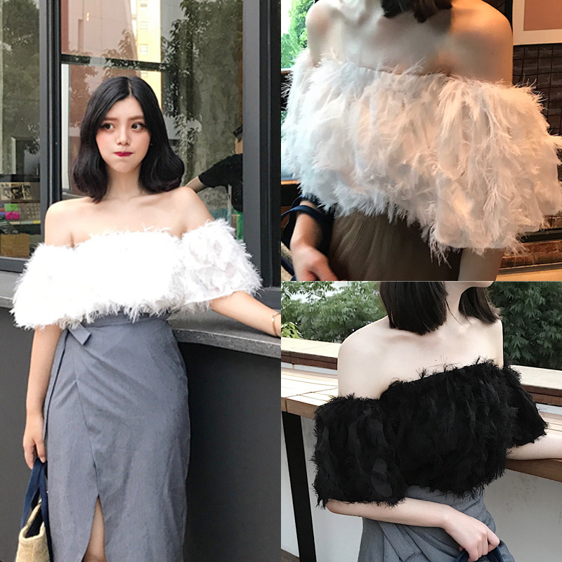 chic气质一字肩性感夜店女装甜美露肩直播女主播上镜羽毛雪纺上衣