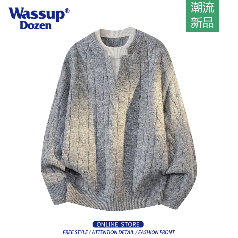 Wassup Dozen Fake Two-Piece Twist Sweater for Men, Autumn and Winter Loose V-Neck Color-Blocking Lazy Knit Top Wassup Dozen Fake Two-Piece Twist Sweater for Men, Autumn and Winter Loose V-Neck Color-Blocking Lazy Knit Top