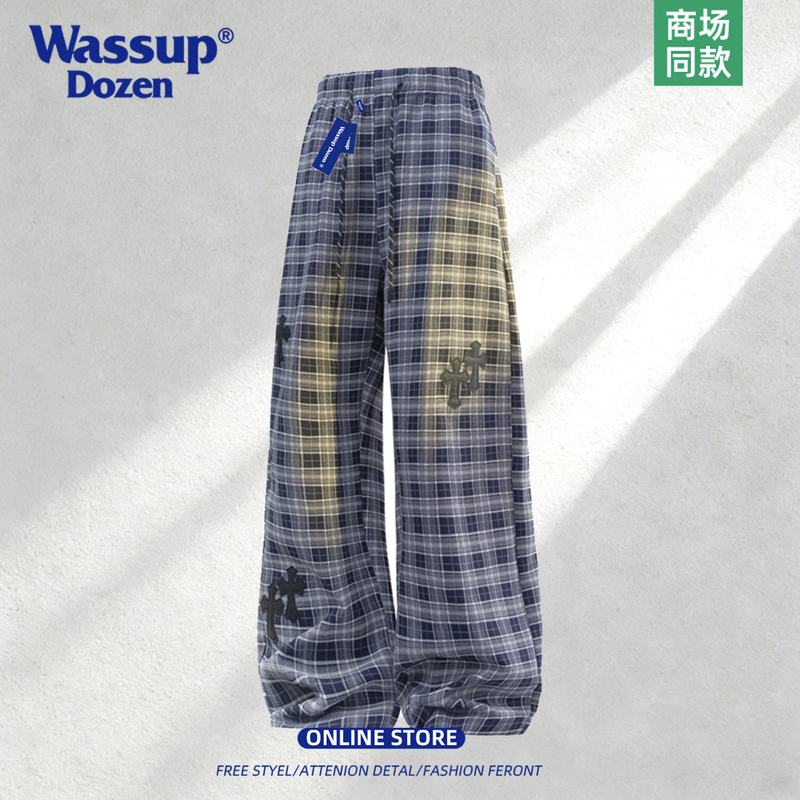Wassup Dozen American Style Men's Plaid Pants 2026 New Casual Pants Loose Straight Wide-Leg Trousers High Street Style