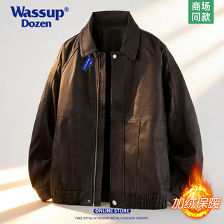 Wassup Dozen Retro Motorcycle Lapel Leather Jacket for Men, Loose Fit, Fleece-Lined, Warm Short Jacket, Youth Trendy Brand