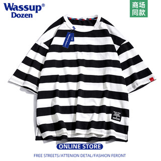 Wassup Dozen Black and White Striped Short-Sleeve T-Shirt for Men 2025 New Model Youth Trendy Brand Crew Neck Heavyweight