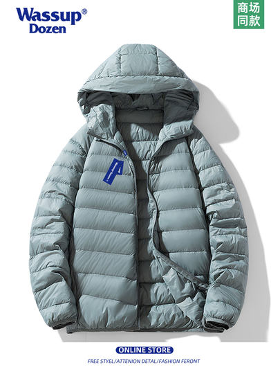 WASSUP DOZEN short down jacket men's 2025 new hooded lightweight cold-proof clothing gray ribs down jacket