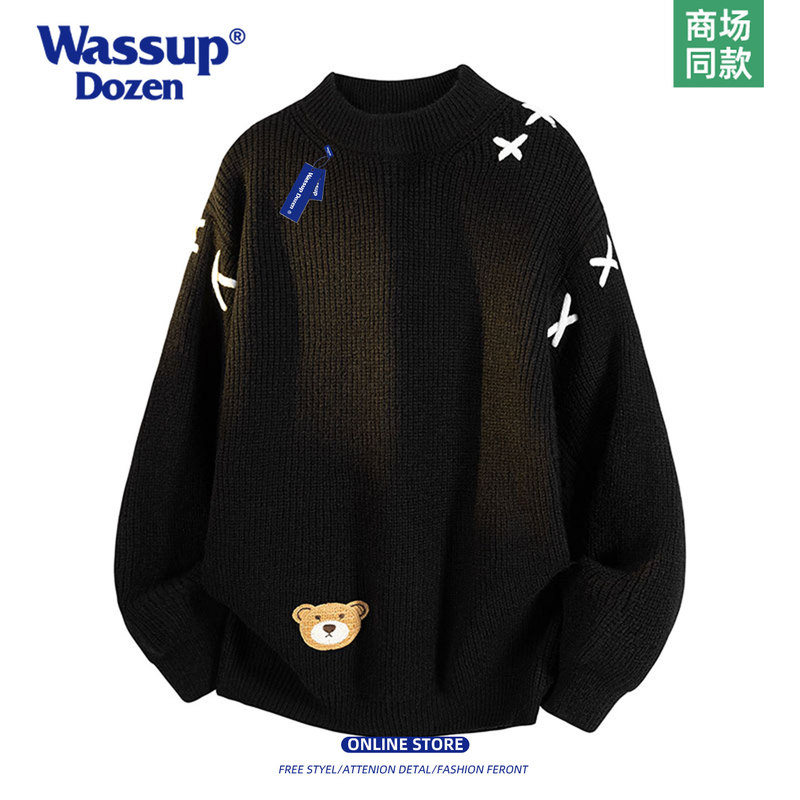 Wassup Dozen American Cartoon Bear Embroidered Knitwear for Men, Black Round Neck Loose Half Turtleneck Sweater Trendy