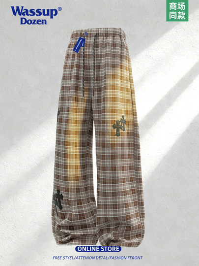 Wassup Dozen American-Style Men's Plaid Pants 2026 New Casual Pants Loose Straight Wide-Leg Long Pants High Street Style