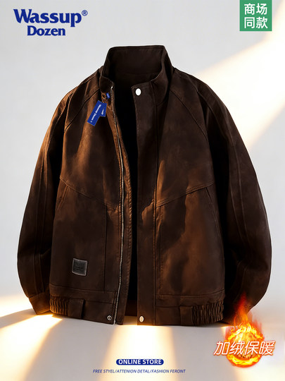 WASSUP DOZEN trendy leather jacket men's 2025 autumn and winter plus velvet warm stand-up collar casual leather jacket trendy