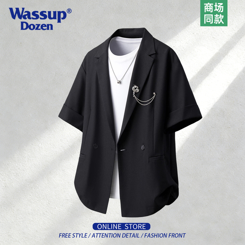 Wassup Dozen Drapey Short-Sleeved Blazer for Men, Summer Loose, Cool and Casual Silhouette Half-Sleeved Suit Wassup Dozen Drapey Short-Sleeved Blazer for Men, Summer Loose, Cool and Casual Silhouette Half-Sleeved Suit