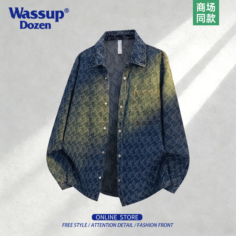 Wassup Dozen Autumn Retro Gradient Jacquard Denim Shirt Loose Lapel Men's Washed Long Sleeve Shirt