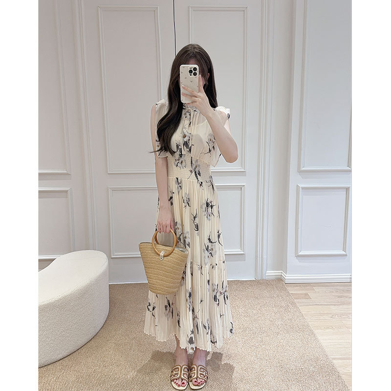 Domylilz Chestnut | Temperament Ruffled Flying Sleeves Flower Print Lace-Up Cable Waist Pleated Dress Domylilz Chestnut | Temperament Ruffled Flying Sleeves Flower Print Lace-Up Cable Waist Pleated Dress