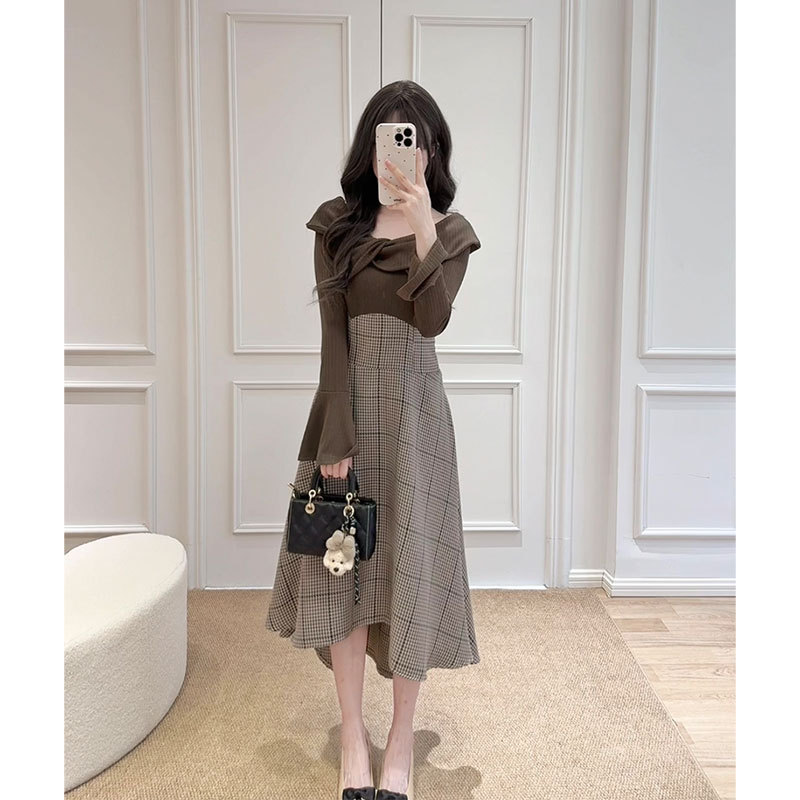 Domylilz Chestnut | Weight Loss Dress with Bell Sleeves, Off-The-Shoulder Knit Patchwork, Cinched Waist, Plaid Dress