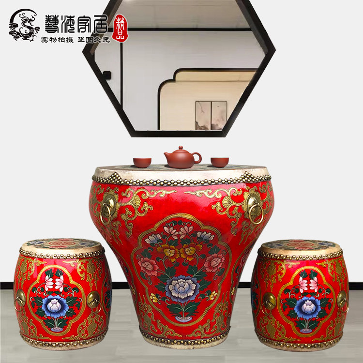 Chinese painted flower pot drum tea table drum table old solid wood cowhide hand-painted big drum round drum table table tea combination environmental protection