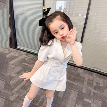 Girls' Western-style waist dress 2022 summer new Korean version of the children's fashionable suit skirt baby puff sleeves