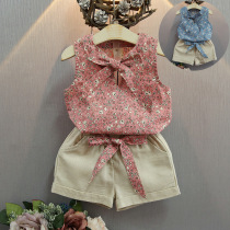 Childrens bow vest + shorts 2021 summer new Korean girl set little girl flower two-piece set