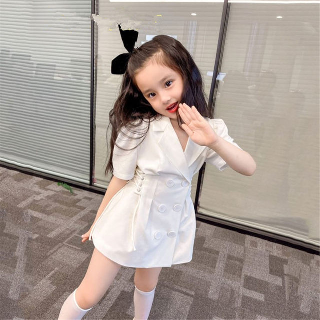 Girls' Western-style waist dress 2022 summer new Korean version of the children's fashionable suit skirt baby puff sleeves
