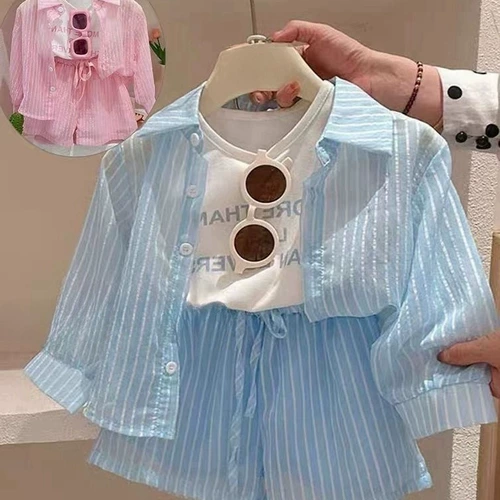 Модная одежда для защиты от солнца, комплект, летняя детская рубашка, жилет, шорты, 3 предмета