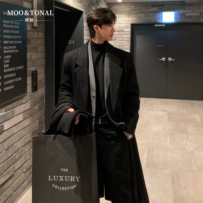 Autumn and Winter New Korean Style Woolen Coat for Men, High-End Mid-Length Shoulder-Padded Trench Coat, Over-The-Knee Loose Woolen Jacket